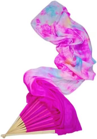 Aumulen Women 1 Pair (Left+Right) Real Silk Belly Dance Fan Veils Hand Made Colorful Tie-Dyed Dance Fans in Kuwait