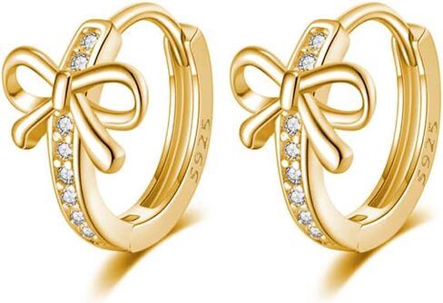 Reffeer Solid 925 Sterling Silver CZ Bow Hoop Earrings Ribbon for Women Teens Bowknot Hoop Earrings Huggie in Kuwait