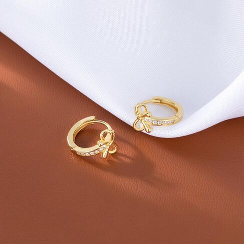 Reffeer Solid 925 Sterling Silver CZ Bow Hoop Earrings Ribbon for Women Teens Bowknot Hoop Earrings Huggie in Kuwait
