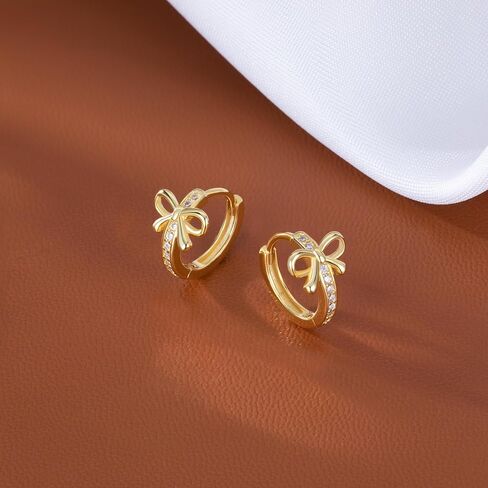Reffeer Solid 925 Sterling Silver CZ Bow Hoop Earrings Ribbon for Women Teens Bowknot Hoop Earrings Huggie in Kuwait