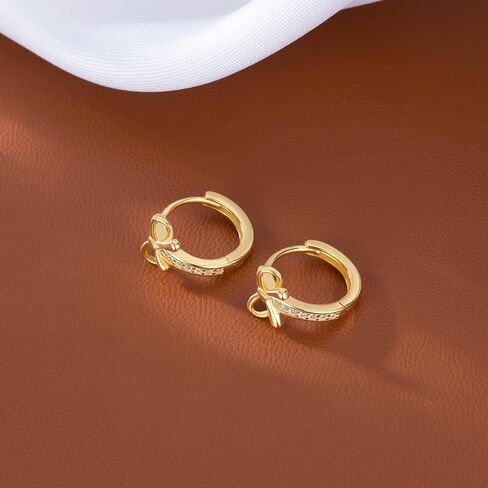 Reffeer Solid 925 Sterling Silver CZ Bow Hoop Earrings Ribbon for Women Teens Bowknot Hoop Earrings Huggie in Kuwait