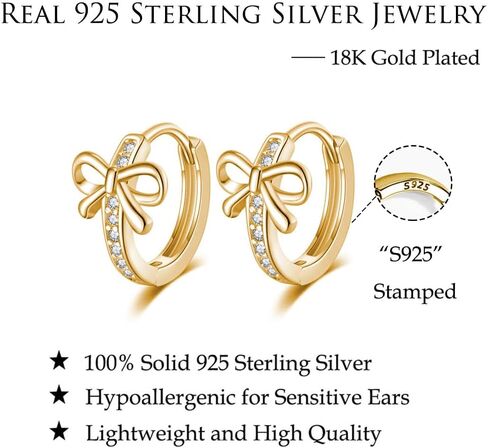 Reffeer Solid 925 Sterling Silver CZ Bow Hoop Earrings Ribbon for Women Teens Bowknot Hoop Earrings Huggie in Kuwait