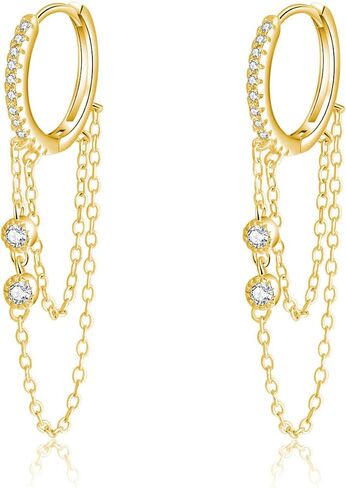 Reffeer 925 Sterling Silver Chain Drop Earrings Hoop for Women Teens CZ Hoop Chain Earrings Dangle in Saudi Arabia