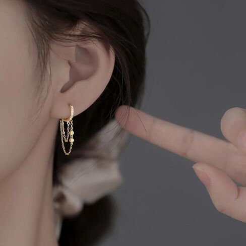 Reffeer 925 Sterling Silver Chain Drop Earrings Hoop for Women Teens CZ Hoop Chain Earrings Dangle in Saudi Arabia