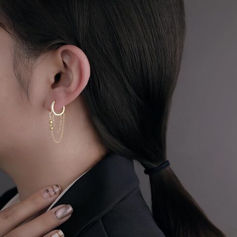 Reffeer 925 Sterling Silver Chain Drop Earrings Hoop for Women Teens CZ Hoop Chain Earrings Dangle in Saudi Arabia