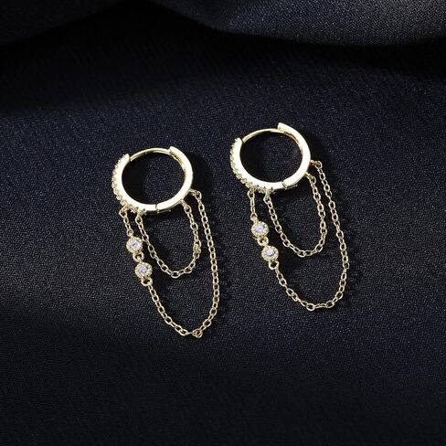 Reffeer 925 Sterling Silver Chain Drop Earrings Hoop for Women Teens CZ Hoop Chain Earrings Dangle in Saudi Arabia