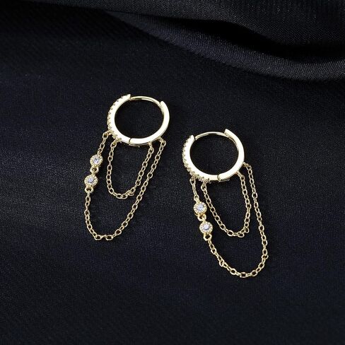 Reffeer 925 Sterling Silver Chain Drop Earrings Hoop for Women Teens CZ Hoop Chain Earrings Dangle in Saudi Arabia