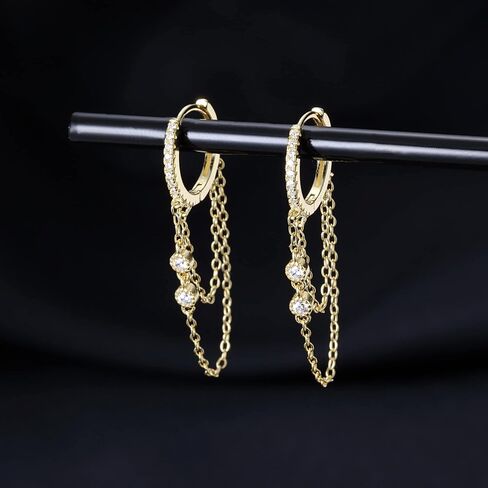 Reffeer 925 Sterling Silver Chain Drop Earrings Hoop for Women Teens CZ Hoop Chain Earrings Dangle in Saudi Arabia