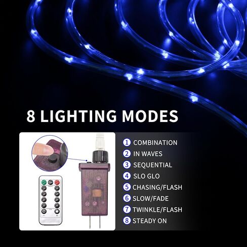 LED Rope Lights for Outside, 10Ft 360°Blue Solar Rope Lights Outdoor Waterproof, 43 LEDs 110V 8 Modes Remote Control Timer Christmas Rope Lights for Party Holiday Garden Decoration (Blue) in Saudi Arabia