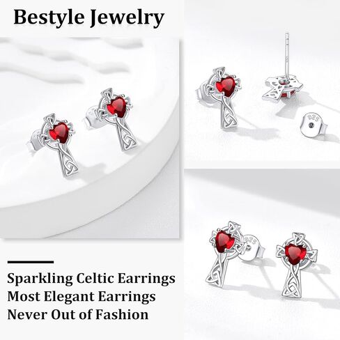 Bestyle Sterling Silver Celtic Earrings with Birthstone for Women, Hoop/Cross/Heart/Trinity Knot Celtic Birthstone Earrings for Women, Great Birthday Gift in Kuwait