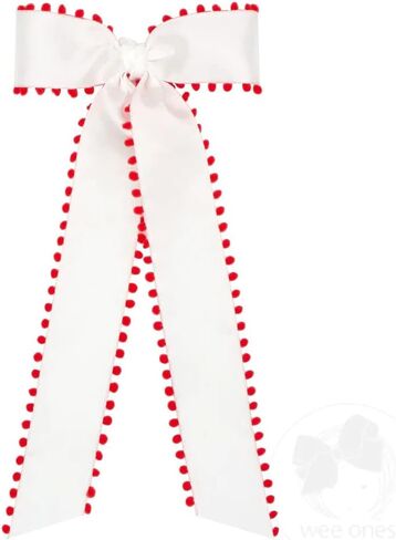Wee Ones Girls' Taffeta Bowtie with Pom-Pom Edges and Streamer Tails (Knot Wrap), Medium, White with Red in Saudi Arabia