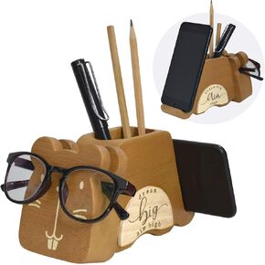 I'm Wood Multipurpose Eyeglass Phone Pen & Pencil Holder Stand Stationery Desk Box Organizer Accessories, Home Office Desktop Decor Birthday Graduation Gifts “Dream Big Aim High" (Owl)