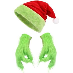 2PCS Christmas Green Monster Hat Furry Gloves Santa Hat Gloves Halloween Christmas Cosplay Costume Accessory Props Party Supplies for Adults