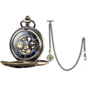 SIBOSUN Pocket Watch Mechanical Pocket Watches for Men and Women Chain Skeleton Bronze Blue Double Cover Pocket Watch Albert Chain T Bar & Lobster Clasps Vest Chain 2 Hooks Compass Pendant