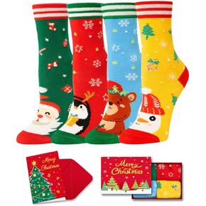 HAPPYPOP Christmas Stocking Socks for Boy Girl – Santa Reindeer Snowman Penguin Gift Socks with Greeting Card
