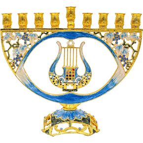 Mosaic Artistic Jeweled Menorah (Hand-Painted Jeweled Mosaic Blue & Gold - Harp)…