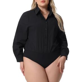 Agnes Orinda Plus Size Bodysuits for Women Button Down Long Sleeve Office Bodysuits Blouse Top