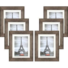 Rustic Oak Style High Profile Picture Frame, 1.75" Frame Height, 2MM Reinforced Glass, Dark Oak Finish 8x10 Frame for 5x7 Photo (8x10 without Mat), Easel and Hangers Included, 6 Pack