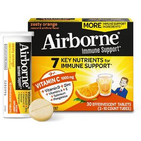 Airborne 1000mg Vitamin C with Zinc, SUGAR FREE Effervescent Tablets, Immune Support Supplement with Powerful Antioxidants Vitamins A C & E - 30 Fizzy Drink Tablets, Zesty Orange Flavor