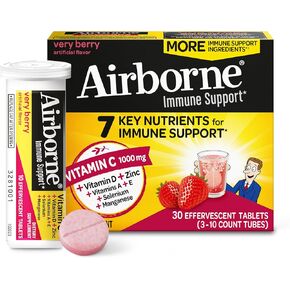 Airborne 1000mg Vitamin C with Zinc, SUGAR FREE Effervescent Tablets, Immune Support Supplement with Powerful Antioxidants Vitamins A C & E - 30 Fizzy Drink Tablets, Zesty Orange Flavor