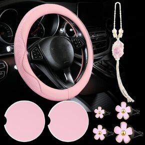 BBTO Sage Green Car Accessory Set - Steering Wheel Cover, Ceramic Mat, Daisy Flower Air Vent Clip Car Air Freshener, Crystal Car Hanging Ornament