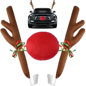 Christmas Car Reindeer Antler Decorations,Vehicle Xmas Decorations Auto Decoration Reindeer Kit with Jingle Bells Rudolph Reindeer and Red Nose for Car Accessories Christmas-Antlers