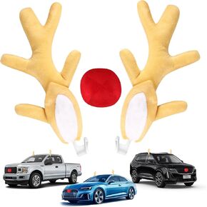 BASIKER Christmas Reindeer Car Kit Antlers, Car Christmas Decorations, Reindeer Red-Nosed Ears Antlers Christmas Car Set, Funny Universal Decor Exterior Vehicle Car Accessories