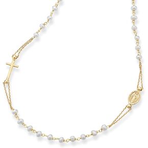 Miabella 18K Gold Over 925 Sterling Silver Handmade Italian White Freshwater Pearl Ball Beaded Sideways Rosary Cross Necklace for Women, Made in Italy
