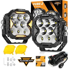 Auxbeam 4 Inch LED Driving Light, CUBE-Z Series 112W Cube Spot Flood Combo Beam with Amber Covers, 150° Ultra-Wide Offroad Pod Light 12800LM Hyper Bright with White DRL&Amber Turn Signal Light, Pair