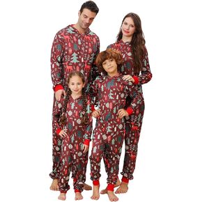 Matching Christmas Onesie Pajamas for Family, Adult Onesie Xmas Pjs with Zipper One Piece Hooded Christmas Onesie Sleepwear