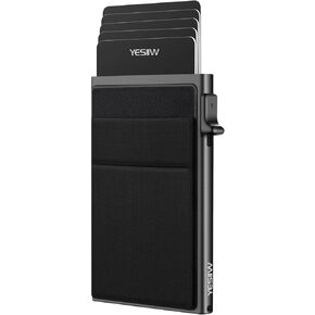 YESIIW Slim Wallet for Men - Pop up Card Holder RFID Blocking Minimalist Business Credit Card Wallet with Money Pocket Metal Card Case for Notes and Coins and Debit Cards Black