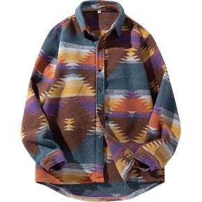 FindThy Men’s Brushed Flannel Shirts Ethnic Aztec Print Button Up Lapel Tribal Shirt Jacket Shacket