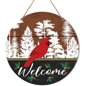 Winter Welcome Sign Front Door Decor, Christmas Round Hanging Sign Decor Farmhouse Cardinal Mistletoe Xmas Holiday Wall Decorations Winter Wood Sign for Door, Porch, Home in Kuwait