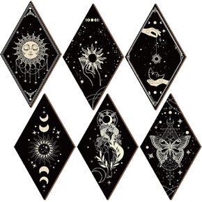 Sintuff 6 Pieces Boho Wall Decor Sun Moon Phases Wall Art Gothic Minimalist Stars Sun Wall Hanging Boho Wooden Home Decor Farmhouse Wall Pediments for Gallery Living Bedroom Room(Boho)