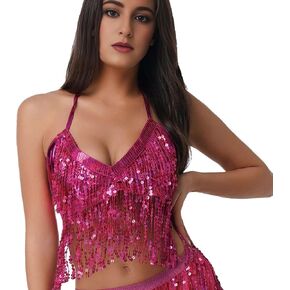 Wuchieal Women's Belly Dance Costume Sequin Bra Tassel Top with Chest Party Club Wear Bra Top