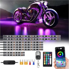 8Pcs RGB Motorcycle LED Underglow Kit with APP Control Music Sync, 24/4 Key RF Dual Remote, Brake Turn Signal, Waterproof Multicolor Motorcycle Strip Lights for Harley Davidson Kawasaki ATV Golf Cart