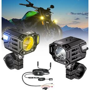 Kewig Motorcycle Auxiliary LED Fog Light 60W White Amber LED Spotlight Auxiliary Light Kit with Mount Bracket Wire Harness Waterproof Offroad Driving Lights Compatible with Motorcycle Bike Truck