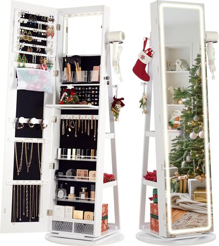 IRONCK LED Mirror Jewelry Cabinet Standing, 360° Swivel Lockable Jewelry Armoire with Full Length Mirror and Adjustable LED Lights, Jewelry Organizers and Storage with 3 Storage Shelves, White in Saudi Arabia