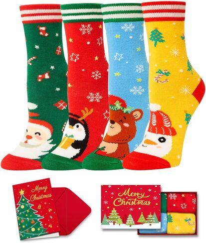 HAPPYPOP Christmas Stocking Socks for Boy Girl – Santa Reindeer Snowman Penguin Gift Socks with Greeting Card in Saudi Arabia