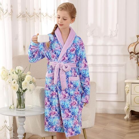 Funnycokid Girls Robe with Matching Sleep Mask Scrunchie for Kids 6-13 Years in Kuwait