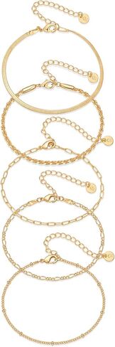 PAVOI 18K Gold Plated Chain Bracelet Pack for Women | Jewelry Set of 5 Stackable Bracelets Paperclip Snake Rope Figaro Beaded Chains in Saudi Arabia