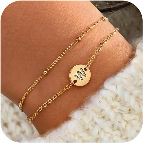 Gold Bracelets for Women Girls Gifts - 18K Gold Plated Letter Initial Bracelet Dainty Disc Monogram Charm Initial Bracelet Gold Initial Bracelets for Women Girls Gold Jewelry Gifts in Saudi Arabia