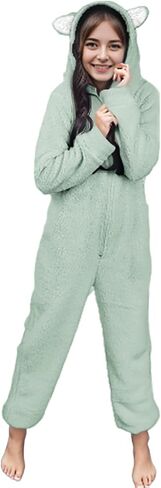 Batermoon Girls Fleece Zip Up Jumpsuits Kids Hooded Rompers Costume Winter Clothes 5-14 Years in Kuwait