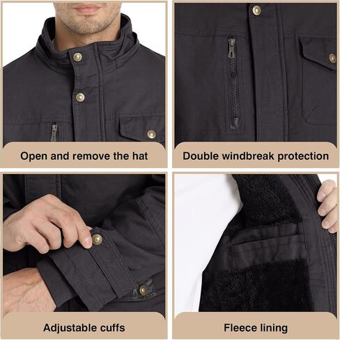 Men's Winter Jacket Military Jacket Fleece Lined Warm Cargo Jackets Removable Hood Cotton Work Coat in Saudi Arabia