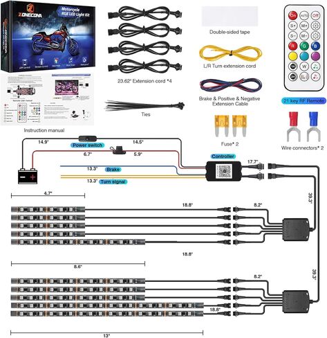 16 قطعة من مجموعة أضواء LED للدراجة النارية ذات تأثير المطاردة RGB مع إشارة انعطاف الفرامل عن بعد APP/RF، مجموعة شرائط إضاءة LED للدراجة النارية Dreamcolor متعددة الألوان تحت الجسم 12 فولت مقاومة للماء لهارلي هوندا in Kuwait