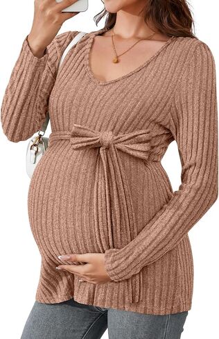 Ficerd Women's Maternity Shirts, Long Sleeve Pregnancy Tops Casual V Neck Brushed Ribbed Knit Tunic Blouses Pregnant Clothes in Saudi Arabia