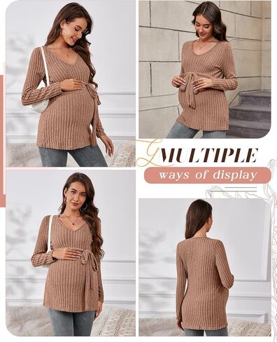 Ficerd Women's Maternity Shirts, Long Sleeve Pregnancy Tops Casual V Neck Brushed Ribbed Knit Tunic Blouses Pregnant Clothes in Saudi Arabia