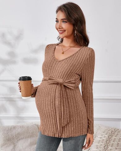 Ficerd Women's Maternity Shirts, Long Sleeve Pregnancy Tops Casual V Neck Brushed Ribbed Knit Tunic Blouses Pregnant Clothes in Saudi Arabia