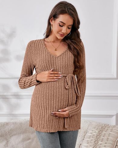 Ficerd Women's Maternity Shirts, Long Sleeve Pregnancy Tops Casual V Neck Brushed Ribbed Knit Tunic Blouses Pregnant Clothes in Saudi Arabia
