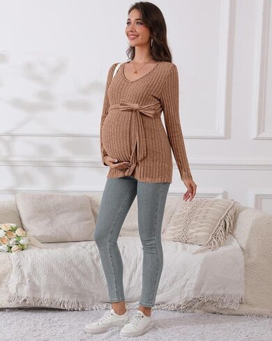 Ficerd Women's Maternity Shirts, Long Sleeve Pregnancy Tops Casual V Neck Brushed Ribbed Knit Tunic Blouses Pregnant Clothes in Saudi Arabia